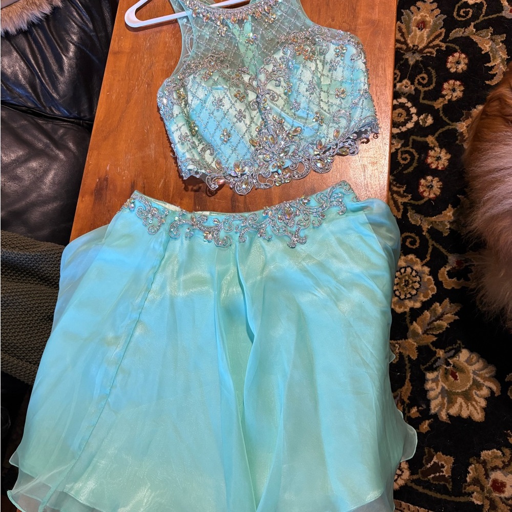 Poly USA Aqua Beaded 2 Piece Prom Dress Medium Formal Homecoming Rhinestone Set